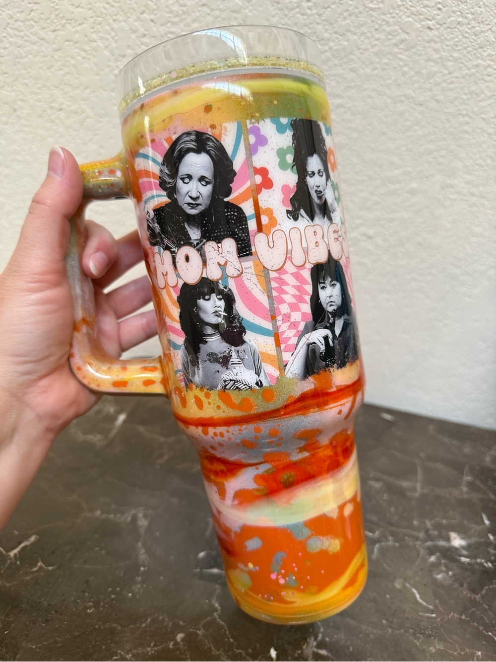 Retro Mom Vibes Glitter Tumbler Cup 40 oz Handle Handmade